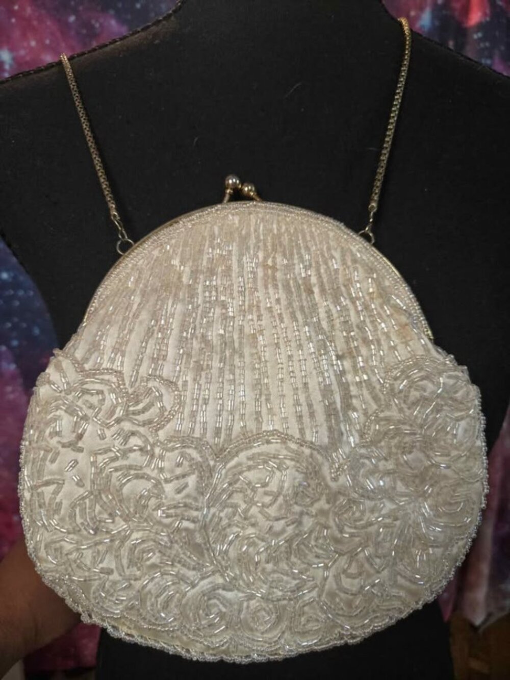 Vintage Antique Glass Beaded Clutch Purse Handbag Crossbody Metal Chain